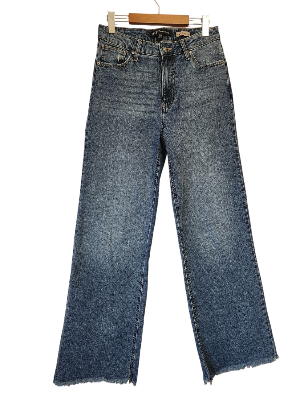 BCBGeneration High-Rise Wide-Leg Jeans Frayed Hem Medium Indigo Wash Size 28 EUC